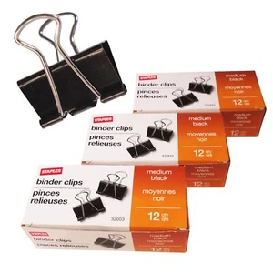Staples Medium Black Binder Clips - 3 sets of 12, 36 Count - Picture 1 of 1