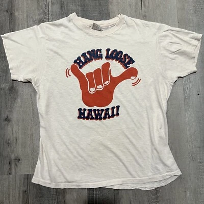 VTG Hang Loose Hawaii Shirt 1980s Off White Shaka Surf Beach Travel Souvenir L - Image 1 of 4