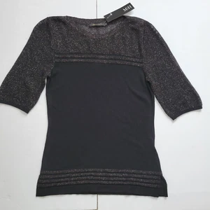 Biana Shirt Womens Small S Bella Black Flat Knit Top Sheer Shimmer Classic Chic - Picture 1 of 8
