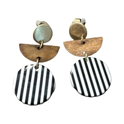 Wooden Earrings With Nautical Feel Black And White Stripes, Brown,gold Tone 1.5” - Image 1 of 3