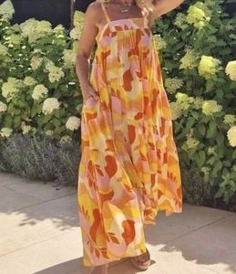 Abel The Label Anthropologie Orange Pink Boho Maxi Dress Size M Chic - Picture 1 of 7