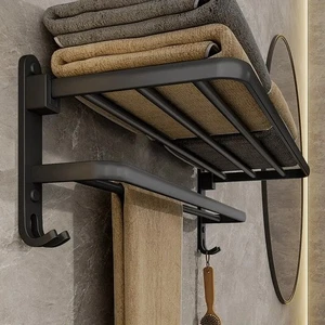 Toallero de doble nivel montado en la pared estante de baño con gancho plegable - Imagen 1 de 6