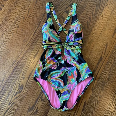 Trina Turk Sea Garden Black Multi Floral One Piece Swimsuit SIZE 8 - Image 1 of 4