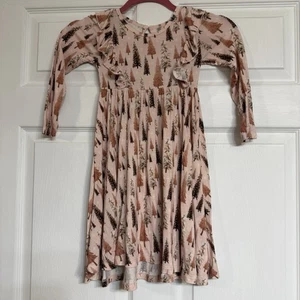 Dream Jamms Bamboo Twirl Dress 5T Beige Pink Trees Ruffle Long Sleeve  - Picture 1 of 7