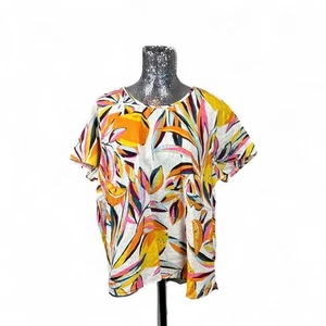 Linen Tropical Print Boxy Tunic Top M/L Oversized Vacation Beach Summer Resort - Picture 1 of 6