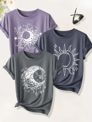 Celestial Sun & Moon Graphic T-Shirts Women’s Boho Casual Pretty Crew Neck Tops - Image 1 of 4