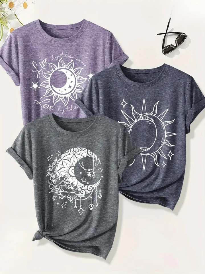 Celestial Sun & Moon Graphic T-Shirts Women’s Boho Casual Pretty Crew Neck Tops - Image 1 of 4