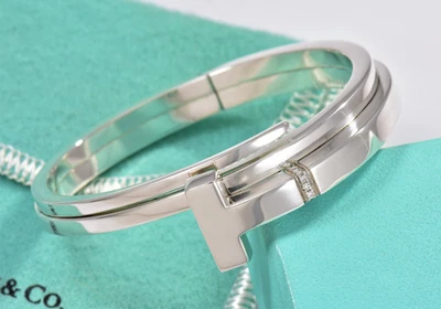 Tiffany & Co Diamond Silver T Square Wrap Bracelet Size Medium in Pouch Rare - Image 1 of 4