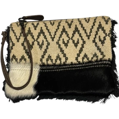 Myra Bag Southwestern Aztec Cowhide Leather Fringe Wristlet Clutch Black White - Image 1 of 4