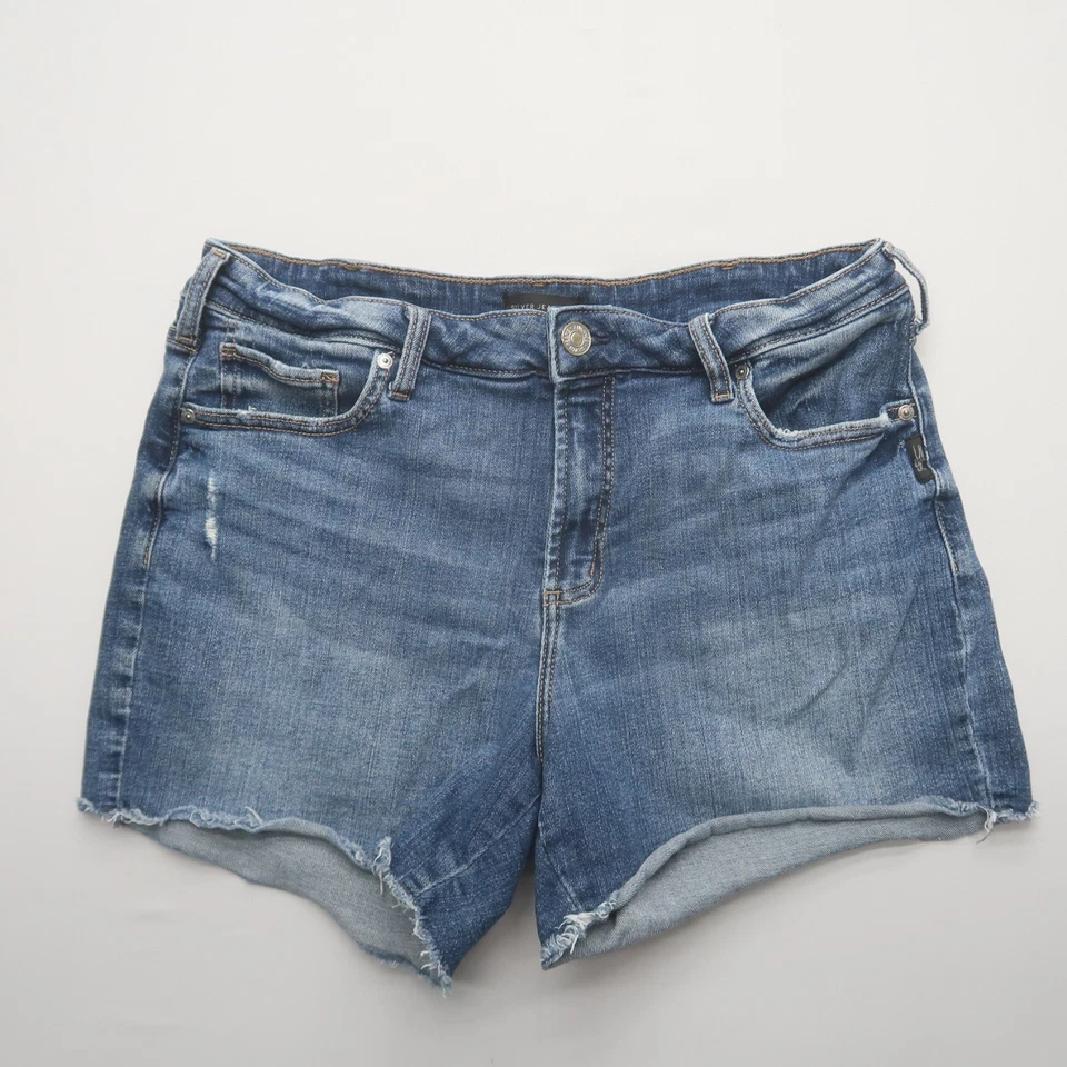 Pantalones cortos de mezclilla Suki plateados para mujer talla 33 desgastados elásticos entrepierna de 4" Foto 1 de 4