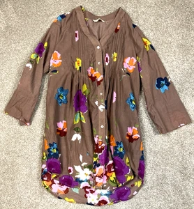 Soft Surroundings Floral Tunic Top Blouse Med Brown 100% Cotton Pleated Buttons - Picture 1 of 10