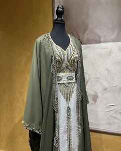Luxury Moroccan Takchita Caftan | Hand-Embroidered | Olive Green Formal Occasion - Picture 1 of 5