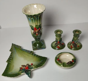 Vtg 5 pc. NORCREST Holly Leaves & Berries Vase Candle Ash Tray Trinket Japan - Picture 1 of 18