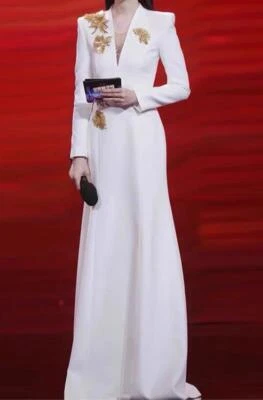 Gorgeous Women V neck Collar Long Sleeve A-line Velvet Floral host Dress Party Foto 1 de 4