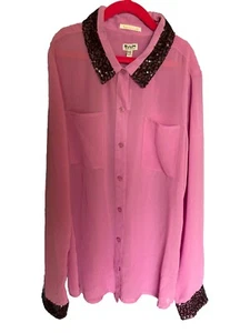 RUUM Youth Girls XXL 16 Pink Button Up Blouse Black Sequin Trim Holiday - Picture 1 of 8