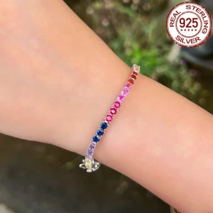 Solid 925 Sterling Silver 3mm Colorful Rainbow Cubic Zircon Tennis Bracelet 7” - Picture 1 of 11