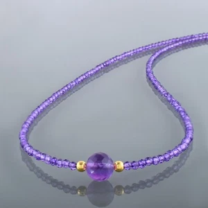Handmade Natural Amethyst 2.5mm Round Tiny Beads Chain 925 Silver Necklace e - Picture 1 of 6