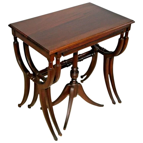 Antique Nesting Tables set of 3 Solid Mahogany Roman Empire Chippendale style Cover