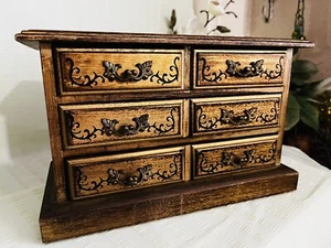 Estate Vintage Boho Gold Florentine Wood 4 Drawer Jewelry Box - Picture 1 of 16