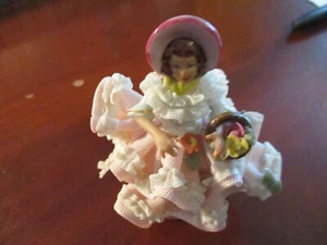 Dresden Figurine Porcelain Lady Pink Lace Dress Flower Basket Vintage 4" Tall - Picture 1 of 3