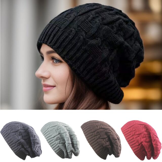 Women Knitted Slouchy Beanie Hat with Pom Pom Ball Winter Warm Ski Cap Hats