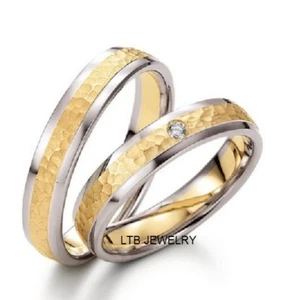 14K TWO TONE GOLD HIS & HERS DIAMOND MATCHING WEDDING RINGS SET HAMMERED FINISH - Picture 1 of 1