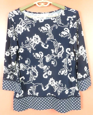 Top túnica de poliéster elástico para mujer CHARTER CLUB manga 3/4 cachemira azul marino blanco M Foto 1 de 4