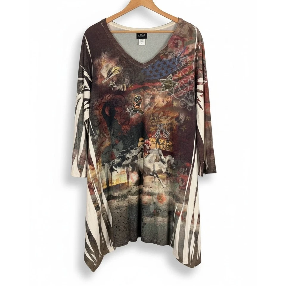 Jostar USA Women's L Western Cowboy Grunge Y2K Graphic Print Sharkbite Hem Tunic - Image 1 of 4