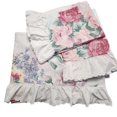 Vintage Lady Pepperell Full Flat Sheet Pillowcase Set of 3 Eyelet Ruffle Floral - Image 1 of 4