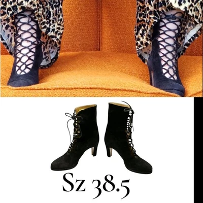 VTG Velvet Corset Lace Up Ankle Boots Heels Barneys New York Black 38.5/8  - Image 1 of 4