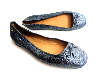 TORY BURCH Laila 2 Driver Ballet Flats 9.5M Metallic Crinkle Gray Leather Shoes - Image 1 of 4