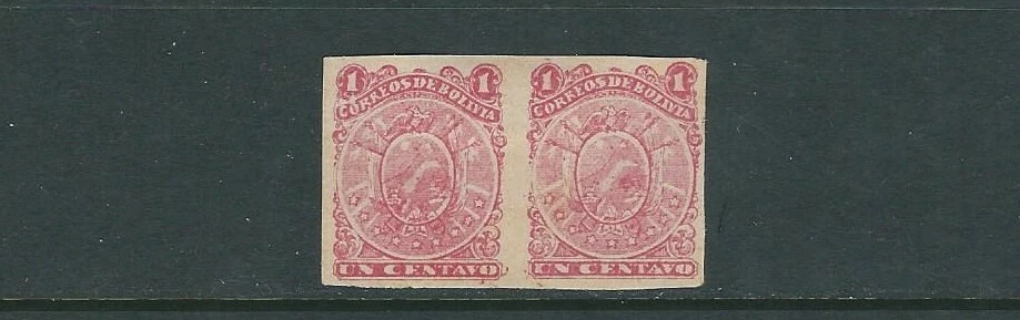 BOLIVIA 1893 COAT of ARMS (Scott 35a 1c IMPERF PAIR) VF UNUSED no gum - Image 1 of 1