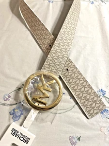 MICHAEL KORS BELT VANILLA WITH MK PRINTED LOGO- LARGE GOLD MK CIRCLE BUCKLE Sz L - Picture 1 of 7