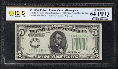 FR. 1956-Im* 1934 $5 *STAR* FRN MINNEAPOLIS, MN PCGS BANKNOTE UNC-64PPQ *TOP POP - Image 1 of 2