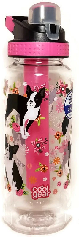 Cool Gear EZ Freeze GEL Stick Chug Water Bottle Pink Boston Terrier Dog 32 FL Oz