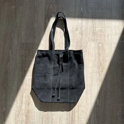 Genuine 100% Cow Leather Suede Black Large Bucket Bag With Adjustable Drawstring - Image 1 of 4