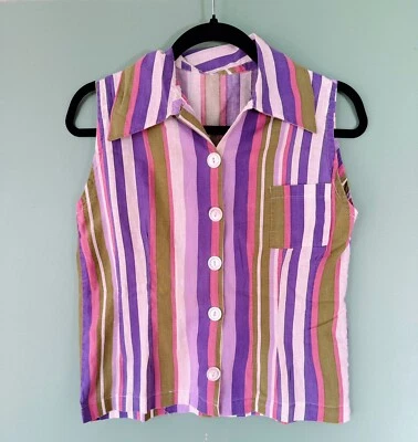 Camisa Blusa Top Vintage Años 60 Colorida Algodón Rayas Mod Cuello Pequeña Med Rosa Foto 1 de 4