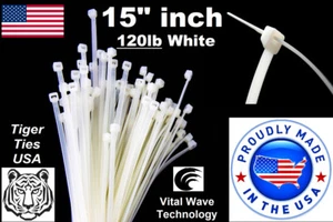 1000 White 15" inch Wire Cable Zip Ties Nylon Tie Wraps 120lb USA Made Tiger Tie - Picture 1 of 9