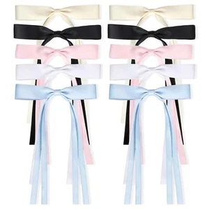 10PCS Ribbon Bow Hair Ties Tassel Long Tail Satin Bowknot Clips Black White - Picture 1 of 7