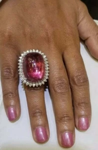 Unique Vintage Style Large 45.86ct Cabochone Pink Tourmaline With White CZ Ring - Picture 1 of 11