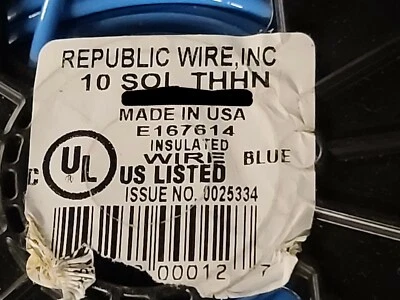 Republic Wire #10awg 实心 THHN/THWN-2/MTW 建筑电线电缆蓝色/100 英尺 — 第 1/4 张图片