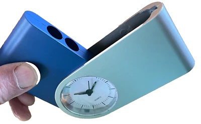 Vintage FOLDING ANALOG Pocket Travel Home Desk Quartz ALARM CLOCK Silver/Blue - Image 1 of 4