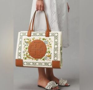 Tory Burch Ella Nylon Painted Garden Caning with Birds Tote Bag Leather Handles