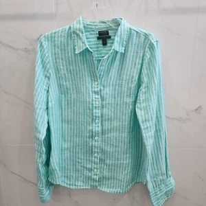 J Crew Shirt Womens Large Baird McNutt Irish Linen Mint Green Stripe Button Up - Picture 1 of 4