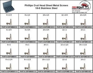 Surtido de tornillos de chapa de cabeza ovalada Phillips de acero inoxidable en bandeja de metal de bloqueo - Imagen 1 de 2