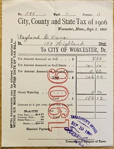 1906 STADT WORCESTER, MASS. IMMOBILIENSTEUER RECHNUNG BEZAHLT QUITTUNG KOPFSTEUER - Bild 1 von 1