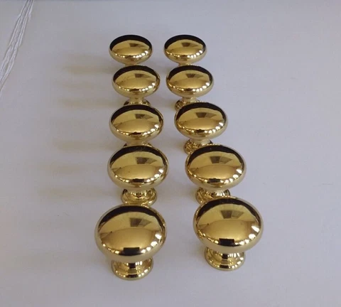 10 Vintage Heavy  Reflective Gold Tone Round Metal Cabinet Drawer Knobs Pulls Cover