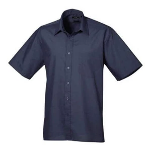 Premier Short Sleeve Poplin Shirt Navy Men Work Formal Collared Easycare - Picture 1 of 3