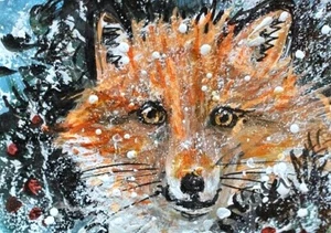Pintura ORIGINAL ACEO Zorro Rojo Invierno Nieve Pino Paisaje Animal Naturaleza ARTE - Imagen 1 de 1