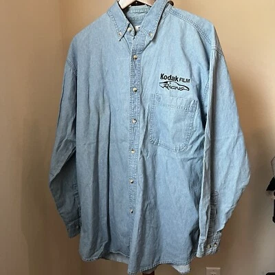 Vintage 90s Kodak Film Racing Large NASCAR Denim Button Up Shirt Bobby Hamilton - Image 1 of 4